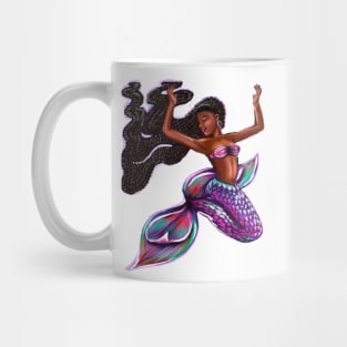 mermaid with flowing braids 2, brown eyes curly Afro hair and caramel brown skin. Black mermaid Mug